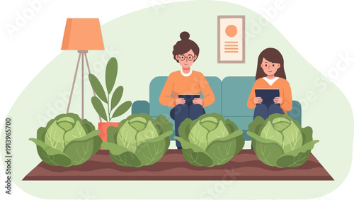 Two people on a sofa surrounded by cabbages in a room