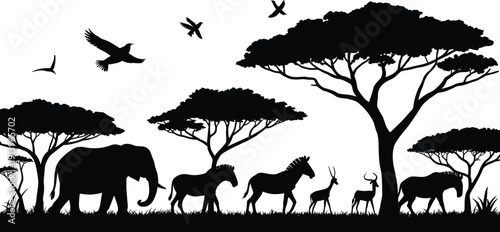 African safari wildlife silhouettes elephants zebras antelopes birds acacia trees savanna landscape black isolated flat vector illustration, flat vector illustration