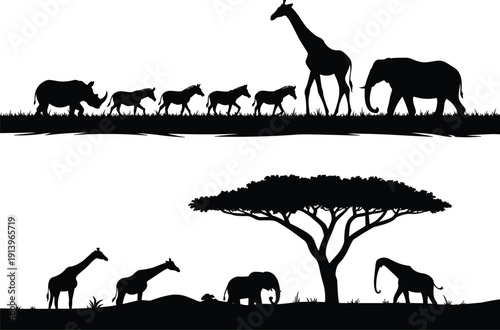 African safari animal silhouettes giraffe elephant rhinoceros savanna landscape wildlife horizon scene black flat vector illustration, flat vector illustration