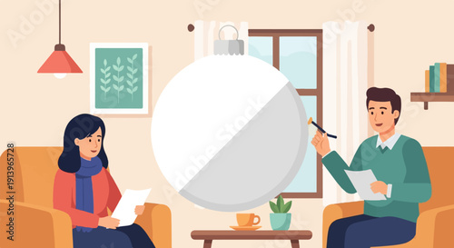 Two people in a cozy room, discussing something near a large Christmas ornament