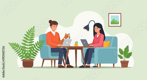 Two people and a dog work on laptops in a cozy, plant-filled room