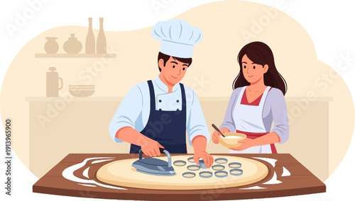 Two people in a kitchen making pastries with dough and cutters