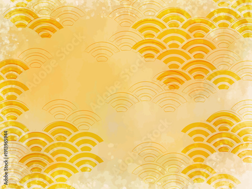 黄色の青海波和柄背景 かすれテクスチャ入り和風グラデーションベクター