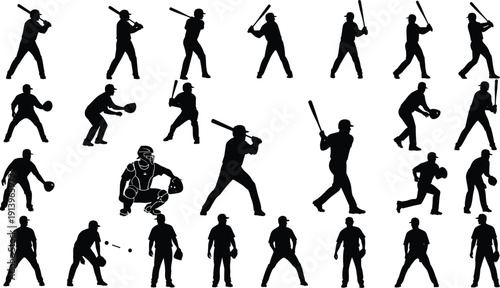 Baseball player silhouette collection showing batting, pitching, catching, running, and fielding actions in black vector illustration isolated on white background for sports design