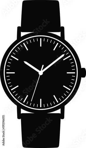 Classic wristwatch silhouette illustration featuring minimalist analog watch face with leather strap, luxury timepiece design, black vector icon isolated on white background