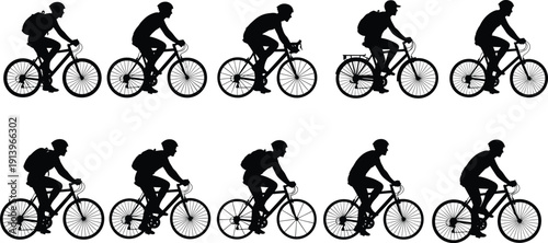 Cyclist silhouette sequence showing road biking motion, commuting and sport cycling positions, black vector illustration set isolated on white background for fitness and transportation design