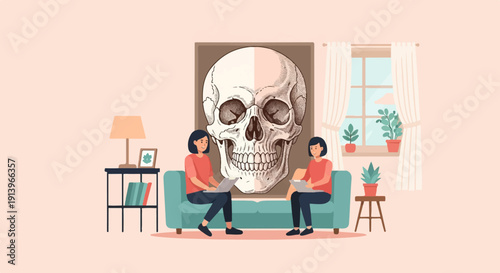 Two people on couch with skull art in room