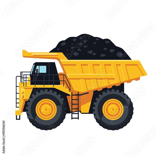 Large yellow mining dump truck filled with black coal, isolated on white background, industrial heavy machinery illustration