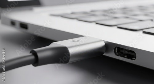 USB cable connected to silver laptop charging port close-up minimalist technology workspace setup