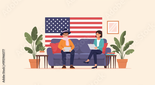 Two people sit on a sofa with an American flag behind them