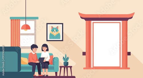 Two people sit on a teal couch looking at a tablet near a window