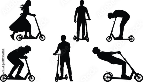 Electric scooter rider silhouette collection showing men and women riding, standing, bending, and cruising, black vector illustration set isolated on white background