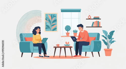 Two people sit on sofas in a room, working on laptops