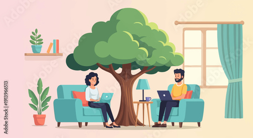 Two people sit on sofas, using laptops next to a large tree