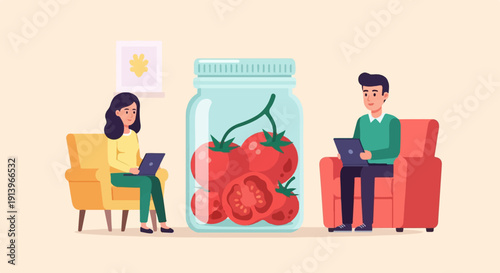 Two people on couches with laptops by a jar of tomatoes