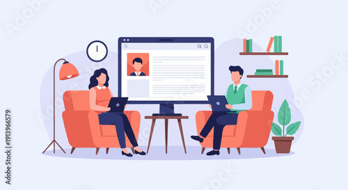 Two people on couches with laptops in front of a large computer screen