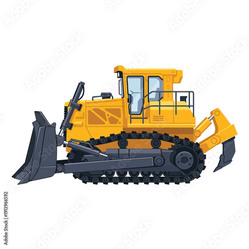 Vibrant Yellow Bulldozer Illustration, Heavy Construction Equipment for Earthmoving and Industrial Projects, Tracked Dozer Vector Art