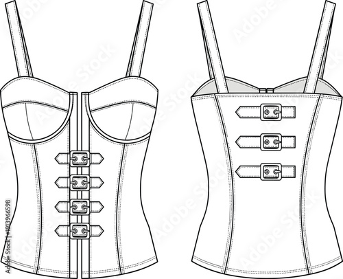 Women structured corset top with buckle straps front and back view technical fashion vector illustration isolated on white background