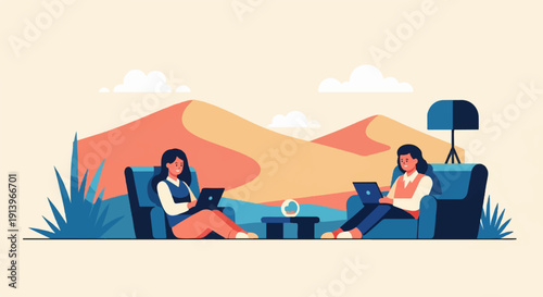 Two people relax on couches in a desert landscape with laptops