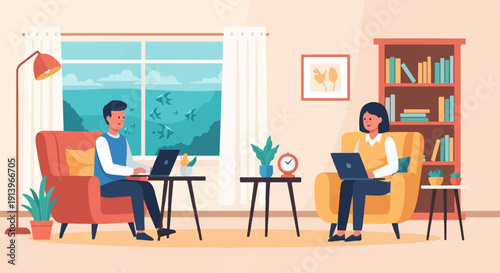 Two people work on laptops in a cozy room with a window view of the ocean