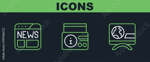 Set line Breaking news News and on radio channel icon. Vector.