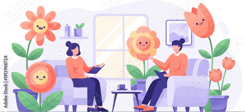 Two people sitting in chairs, talking near smiling flowers indoors