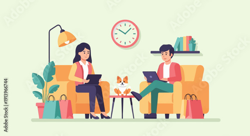 Two people relax on couches using laptops, a dog sits on a table