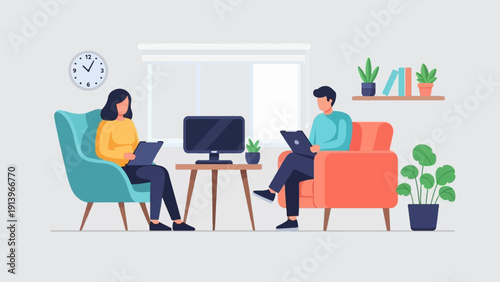 Two people sitting in comfortable chairs, engaging with tablets