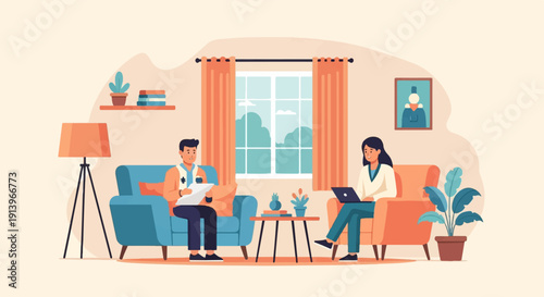 Two people sitting in comfortable chairs in a cozy room, one reading, one on a laptop