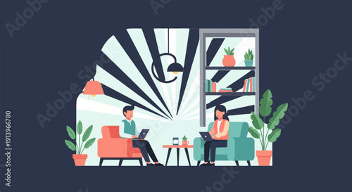 Two people on sofas with laptops, a lamp, books, and plants