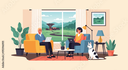 Two people work on laptops in a living room with a scenic view