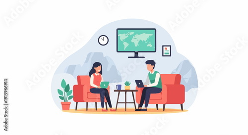 Two people work on laptops in a living room with a world map on the wall