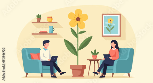 Two people work on laptops on comfortable chairs next to a large potted flower