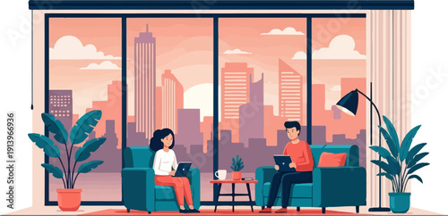 Two people work on laptops in a modern apartment with a city view