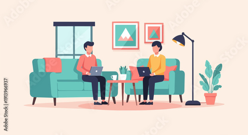 Two people work on laptops on sofas in a living room