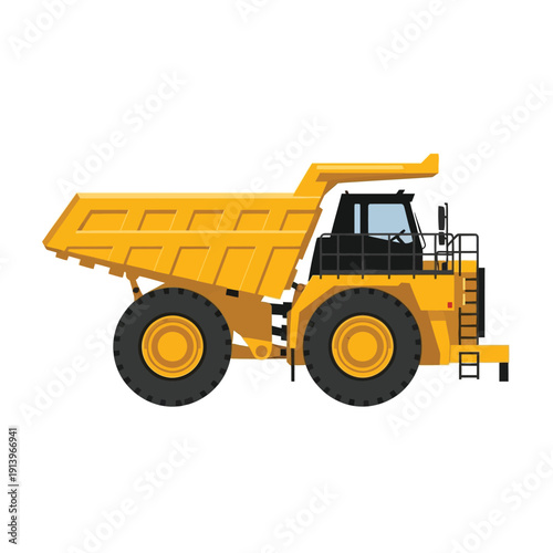Heavy-duty yellow mining truck illustration, perfect for industrial and construction themes, showcasing robust engineering and powerful machinery in a side profile view
