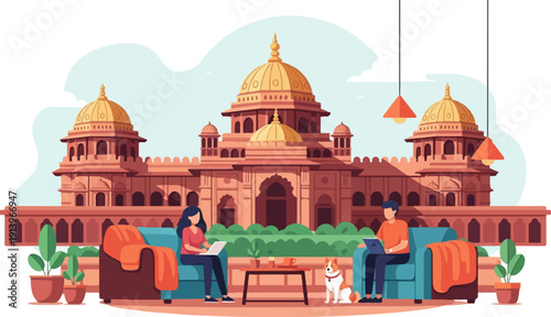 Two people work on laptops on sofas, a dog sits nearby, in front of a grand building