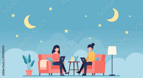 Two people work on laptops on sofas under a starry, moonlit sky