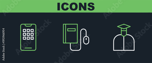 Set line Student, Mobile phone and Electronic book with mouse icon. Vector