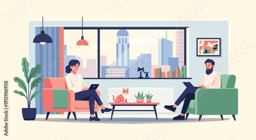 Two people work on laptops in a modern living room with a city view