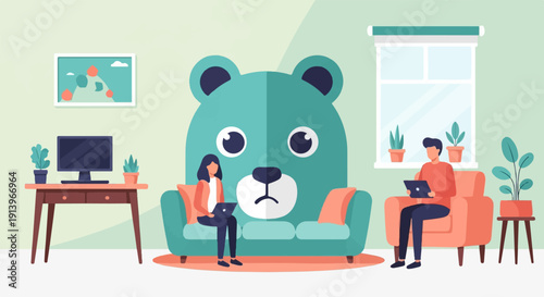 Two people work on laptops on a couch shaped like a bear