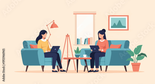 Two people work on laptops in a living room with plants and art