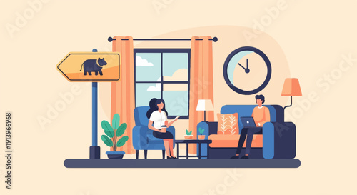 Two people relaxing in a cozy room with a sign pointing to a rhino