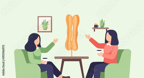 Two people sitting on chairs, talking and drinking coffee, with food
