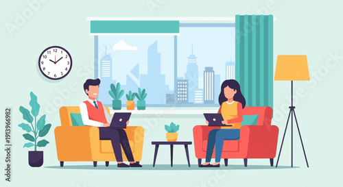 Two people work on laptops in a modern living room with city view