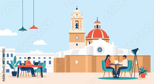 Two people work on laptops outside a building with a large dome and clock tower