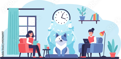 Two people work on laptops in a room with a dog and a clock