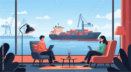 Two people work on laptops in armchairs by a window overlooking a cargo ship