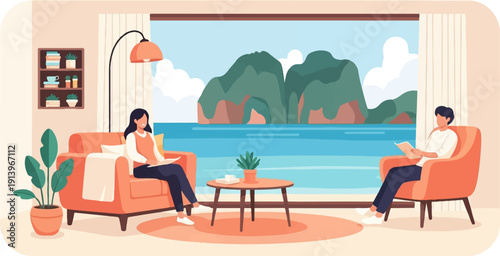 Two people relaxing indoors, reading with a stunning ocean and mountain view