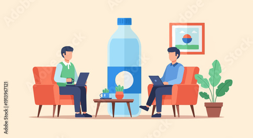 Two people work on laptops in armchairs next to a large water bottle
